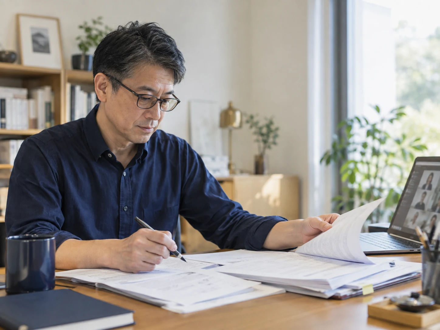 受講生の提出物と進み具合を手作業で確認する講師のイメージ