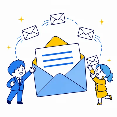 大きな封筒から手紙が飛び立つイラスト